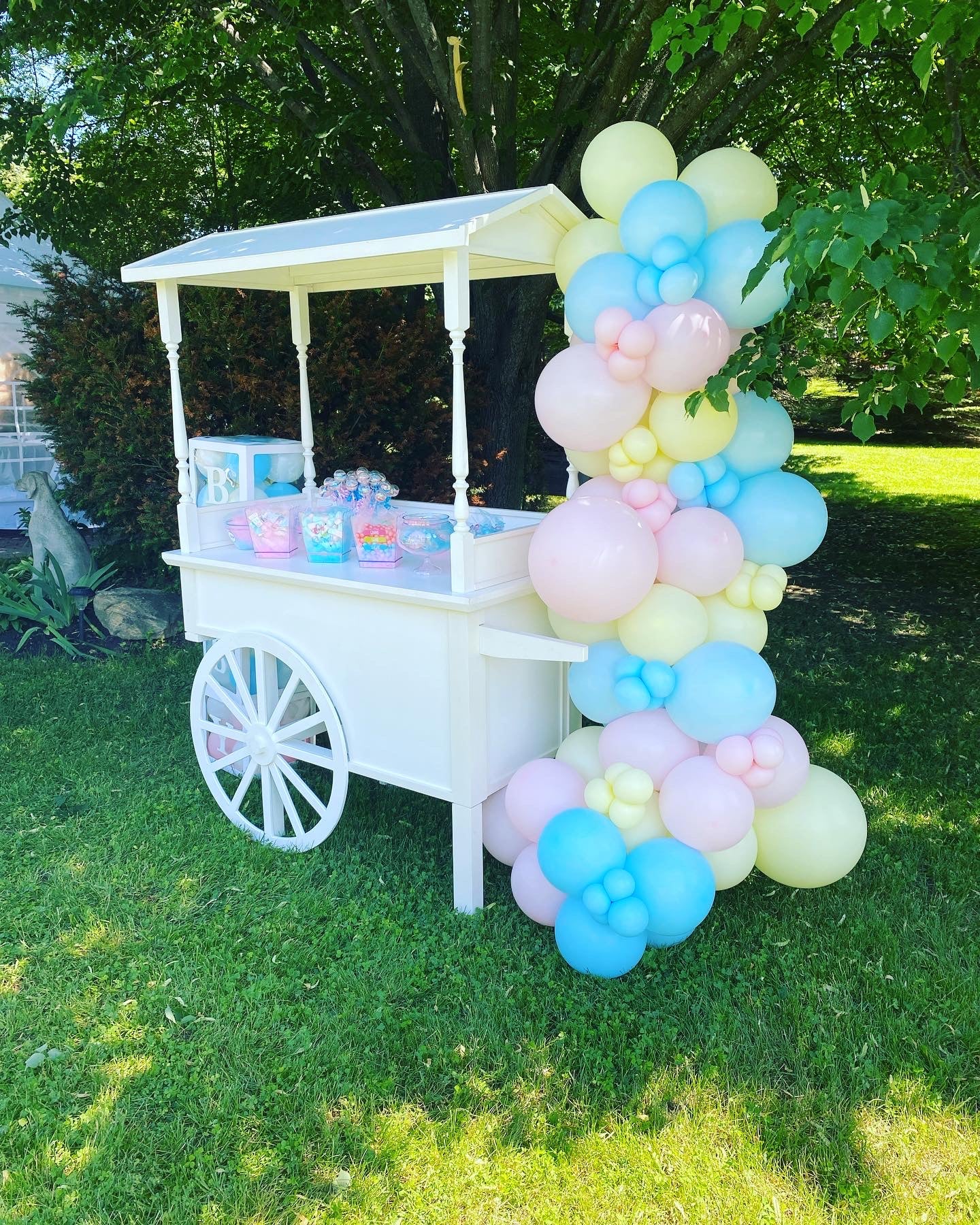 candy cart sitting in the middle of a green tree filled background with pastel blue pastel pink and pastel yellow balloons for a gender reveal with candy on shelf of cart