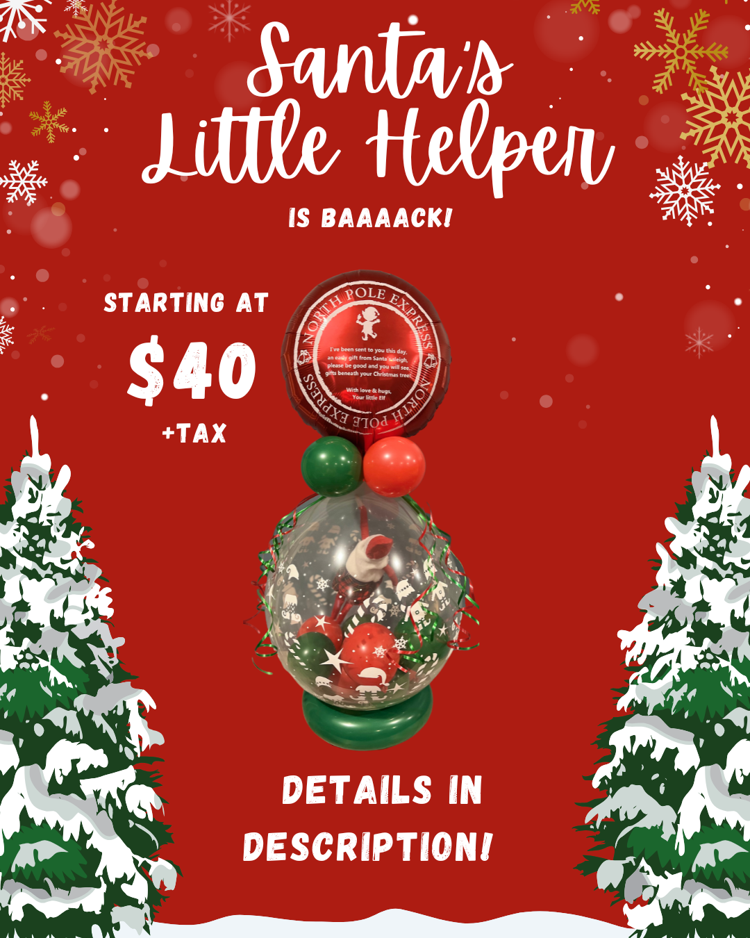 santas little helper inside a stuffing balloon with a. custom made red foil balloon and green and red balloon details